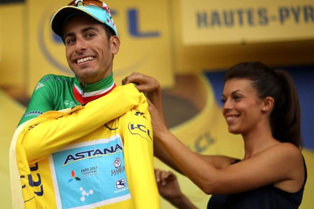Fabio Aru of Italy slips into the yellow jersey after stage 12 of the Tour de France. Picture: Chris Graythen/Getty Images