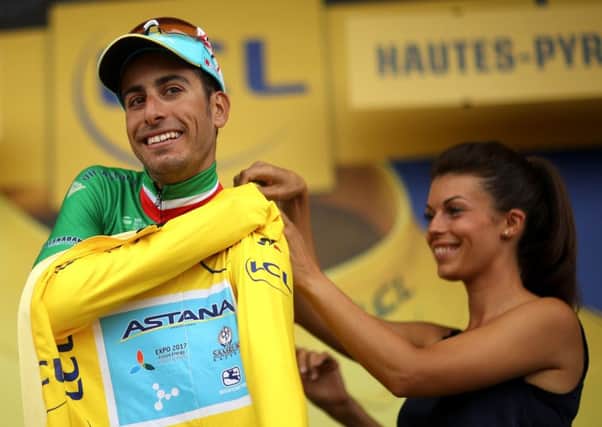 Fabio Aru of Italy slips into the yellow jersey after stage 12 of the Tour de France. Picture: Chris Graythen/Getty Images