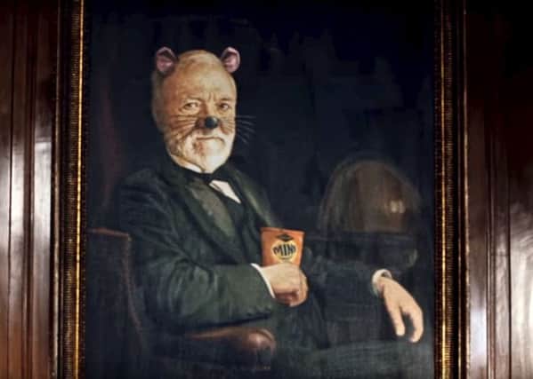 Andrew Carnegie, depicted as a mouse munching on Jacob's Mini Cheddars. Picture: SWNS