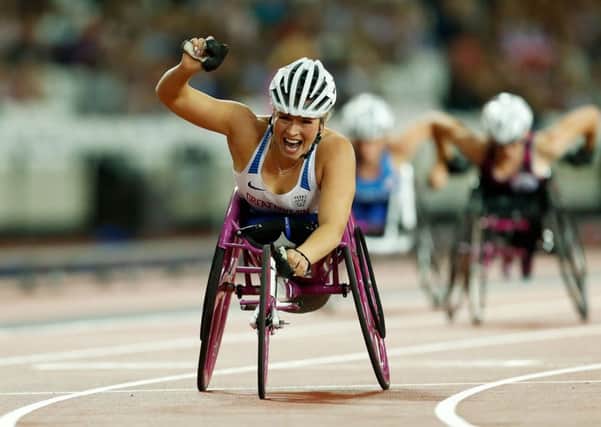 Sammi Kinghorn shouts with delight at her world record win. Photograph: Paul Harding/PA