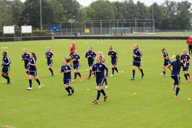 The Scotland Women squad train yesterday ahead of their opening fixture against England. Picture: PA.