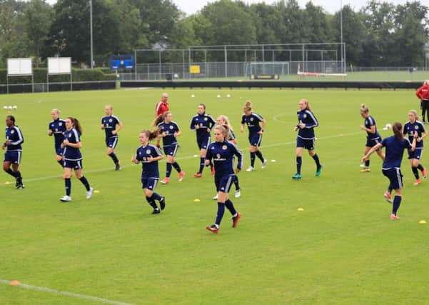 The Scotland Women squad train yesterday ahead of their opening fixture against England. Picture: PA.