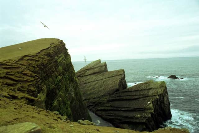 Seabirds wheel over the rocks at the tiny Scottish island of Foula. Picture: TSPL