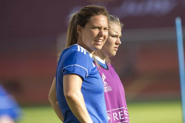 Rachel Corsie with team mate Fiona Brown as Scotland train pre game against England