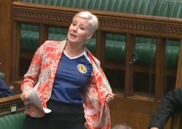 Hannah Bardell shows off her Scotland top in the House of Commons. Picture: Contributed