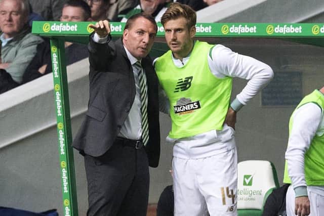 Brendan Rodgers issues instructions to Stuart Armstrong prior to the latter's introduction against Linfield. Picture: SNS