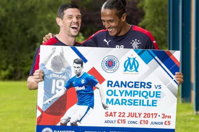 Bruno Alves, right, and Graham Dorrans promote Rangers friendly with Marseille. Picture: SNS.