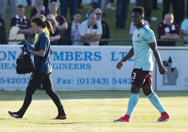 Hearts' Ashley Smith-Brown going off injured during the match against Elgin. Picture: SNS