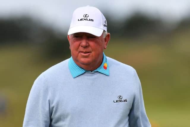 Mark O'Meara reacts to his putt on the 8th green. Picture: Ben Stansall/AFP/Getty Images