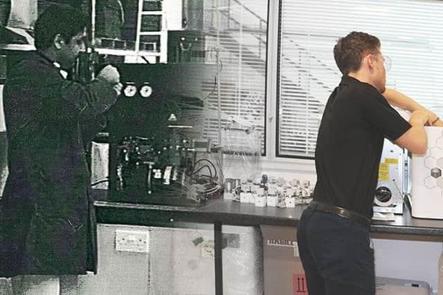 A Peak Scientific employee from 1997 is pictured alongside a 2017 worker. Picture: Contributed