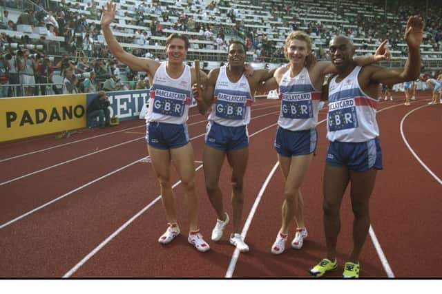 Third from the right, Brian Whittle with Roger Black, Du''aine Ladejo and David McKenzie after winning the 4 x 400 metres relay event at the 1994 European Championships in Helsinki