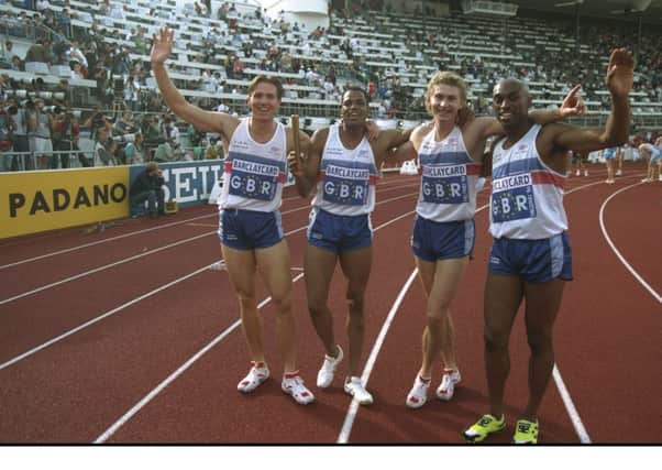 Third from the right, Brian Whittle with Roger Black, Du''aine Ladejo and David McKenzie after winning the 4 x 400 metres relay event at the 1994 European Championships in Helsinki