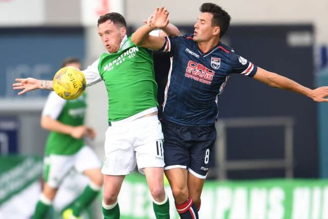 Hibs Danny Swanson and Tim Chow of Ross County battle for possession in Dingwall last night. Picture: SNS.