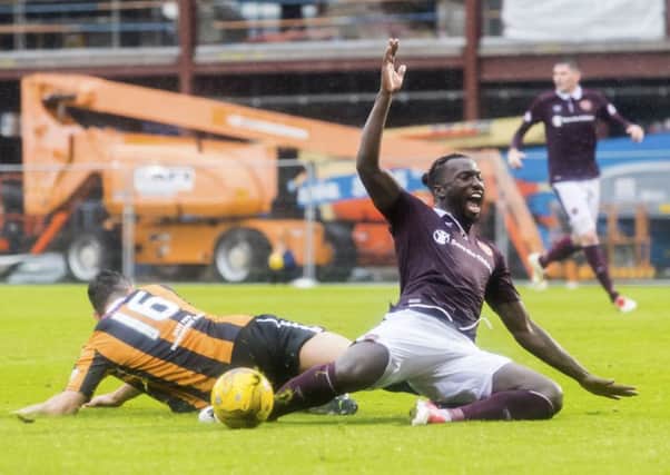 Isma Goncalves is brought down by East Fifes Ben gordon to earn Hearts late penalty. Picture: SNS.