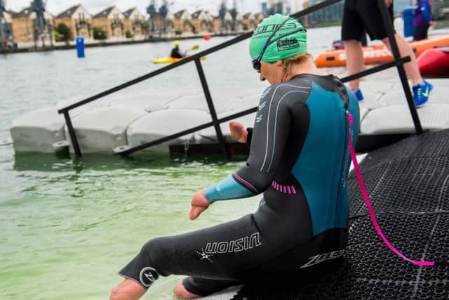 The 400m swim in London docks was extra challenging for Hutton after having two thirds of one of her lungs removed earlier this year