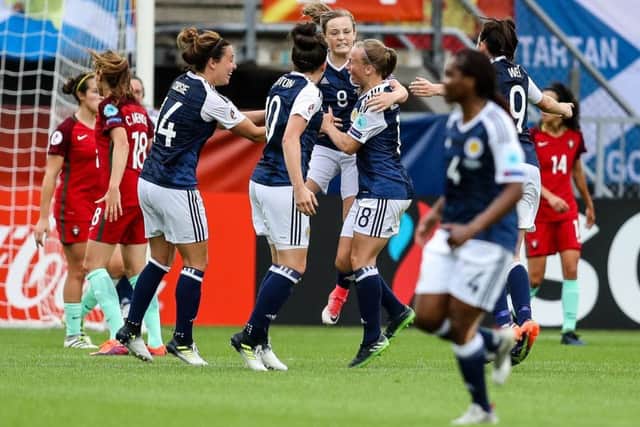 Erin Cuthbert celebrates her goal for Scotland. Picture: Maja Hitij/Getty