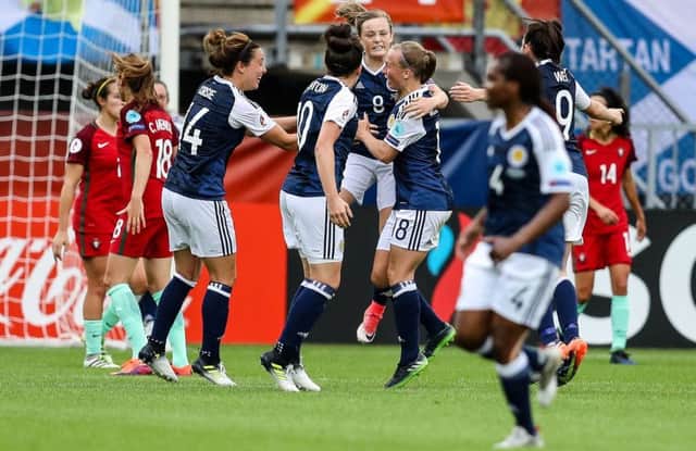 Erin Cuthbert celebrates her goal for Scotland. Picture: Maja Hitij/Getty