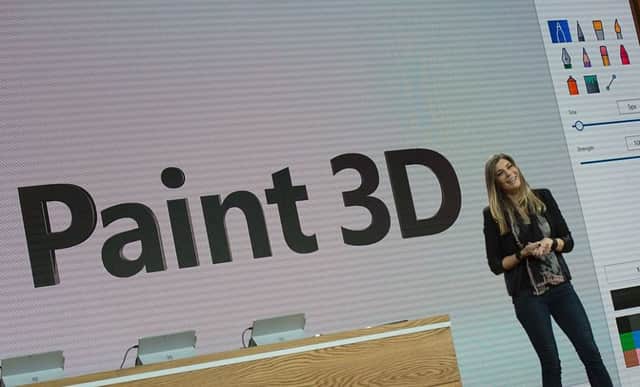 Microsoft executive Megan Saunders introduces Paint 3D. Picture: DON EMMERT/AFP/Getty Images