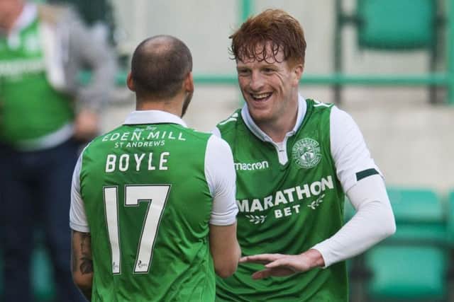 Simon Murray, right, celebrates with Martin Boyle after scoring the opener for Hibs. Picture: SNS