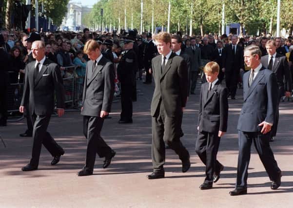The Duke of Edinburgh, Prince William, Earl Spencer, Prince Harry and the Prince of Wales walking behind the coffin of Diana, Princess of Wales during her funeral procession to Westminster Abbey. Picture: Tony Harris/PA Wire