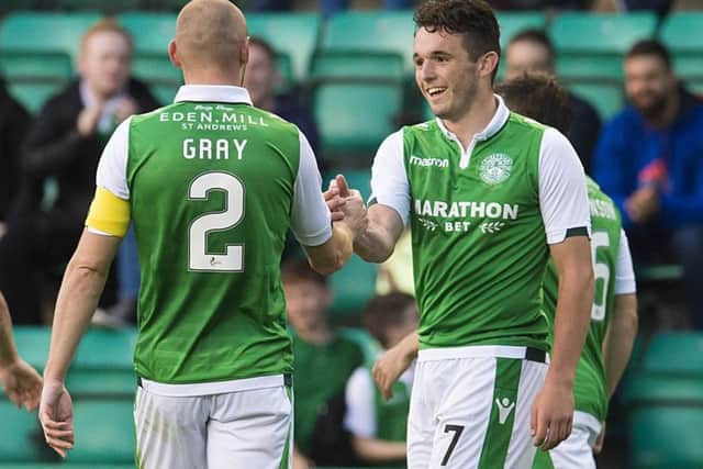 John McGinn, right, celebrates with captain David Gray after scoring against Arbroath. Picture: SNS.