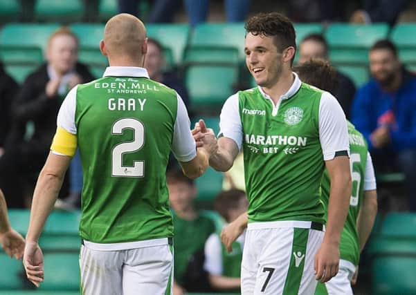 John McGinn, right, celebrates with captain David Gray after scoring against Arbroath. Picture: SNS.
