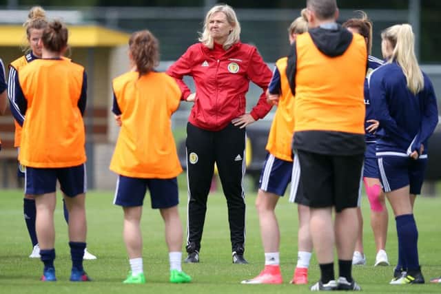 Anna Signeul supervises a training session as Scotland Women prepare for their with Spain. Picture: PA.