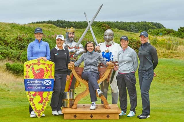 From left to right: Michelle Wie, Lydia Ko, Isabelle Boineau, Catriona Matthew and Suzann Pettersen ahead of the Ladies Scottish Open at Dundonald Links