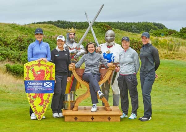 From left to right: Michelle Wie, Lydia Ko, Isabelle Boineau, Catriona Matthew and Suzann Pettersen ahead of the Ladies Scottish Open at Dundonald Links