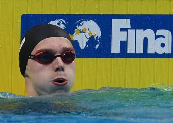Duncan Scott reacts after his 100m freestyle heat at the World Championships in Budapest. Picture: AFP/Getty Images