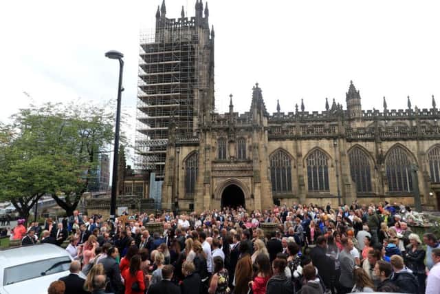 Mourners outside Manchester Cathedral after the funeral service of Saffie Roussos. Picture: Danny Lawson/PA Wire