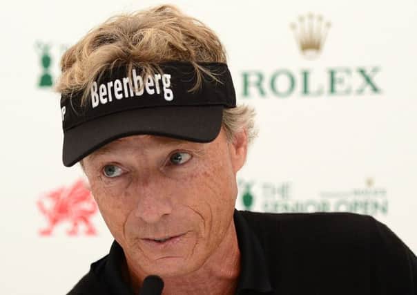 Bernhard Langer talks to the media ahead of the Senior Open Championship at Royal Porthcawl. Picture: Getty Images
