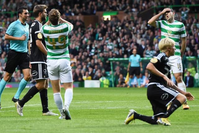Tom Rogic, right, and James Forrest show their frustration after winger Forrest came close to breaking the deadlock against Rosenborg at Celtic Park. Picture: Craig Williamson/SNS