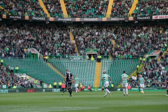 Section of the stand normally given to the Green Brigade is empty during Celtic's Champions League Qualifying Third Round match with Rosenborg. Picture: Steve Welsh/Getty Images