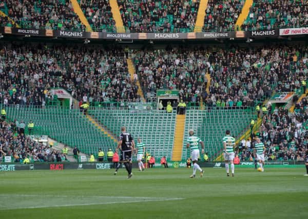 Section of the stand normally given to the Green Brigade is empty during Celtic's Champions League Qualifying Third Round match with Rosenborg. Picture: Steve Welsh/Getty Images