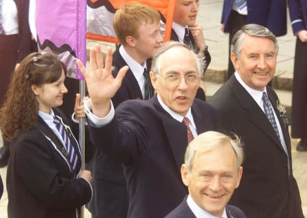 Donald Dewar and David Steel arrive at The Mound for the official opening of the Scottish Parliament in 1999