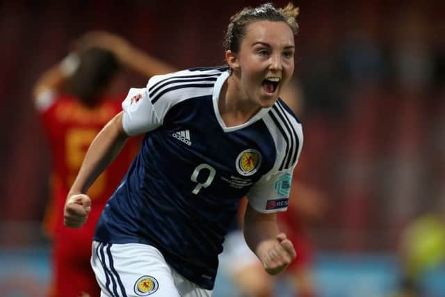 Scotland's Caroline Weir celebrates scoring what proved to be the winner against Spain. Picture: UEFA via Getty Images