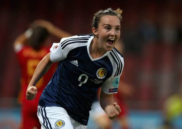 Scotland's Caroline Weir celebrates scoring what proved to be the winner against Spain. Picture: UEFA via Getty Images