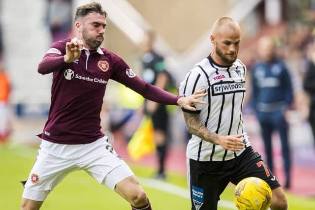 Hearts' Michael Smith (left) with Kallum Higginbotham. Picture: SNS/Roddy Scott