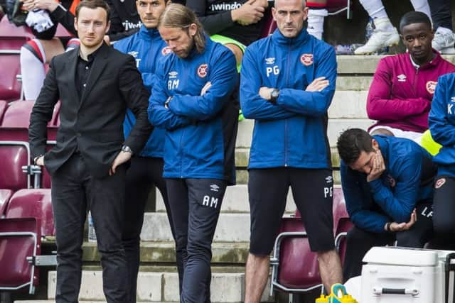 The expressions of Hearts head coach Ian Cathro (left) with Austin MacPhee (centre) and Paul Gallacher reflect the grim mood at Tynecastle on Saturday. Picture: SNS.