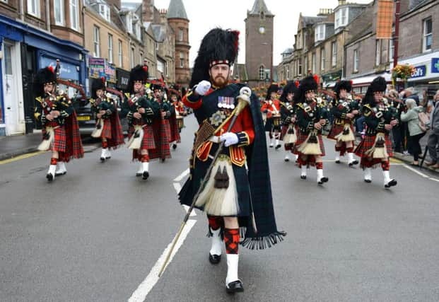The Black Watch (3 SCOTS) in Crieff, Perthshire, as they lead a parade to mark the 100-year commemoration of the Battle of Passchendaele. Picture: SWNS