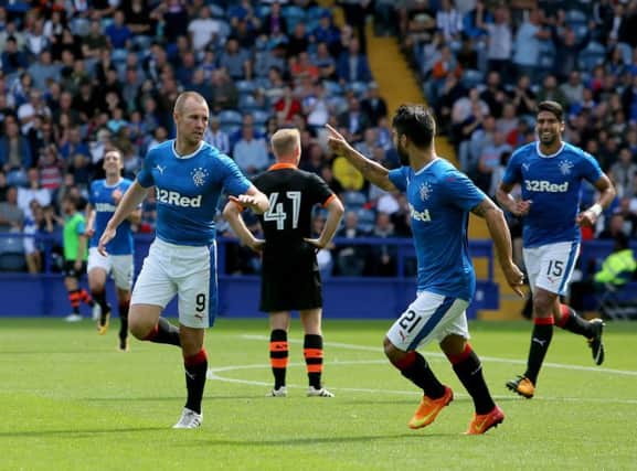 Rangers' Kenny Miller celebrates his goal with Daniel Candeias. Picture: Richard Sellers/PA Wire