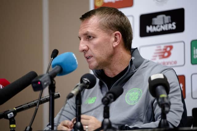 Celtic manager Brendan Rodgers during a press conference at Lerkendal Stadium in Trondheim, Norway. Picture: Ole Martin Wold / NTB scanpix via AP