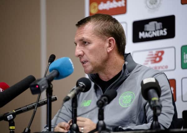 Celtic manager Brendan Rodgers during a press conference at Lerkendal Stadium in Trondheim, Norway. Picture: Ole Martin Wold / NTB scanpix via AP