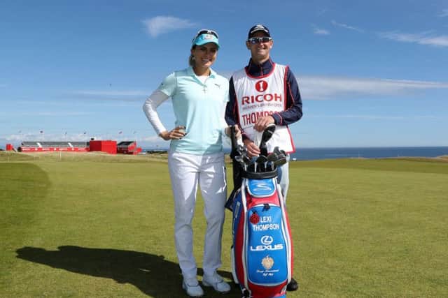 Lexi Thompson with her caddie Kevin McAlpine, the son of retired Dundee United goalkeeper Hamish McAlpine, during a practice round prior to the Ricoh Women's British Open at Kingsbarns. Picture: David Cannon/Getty Images