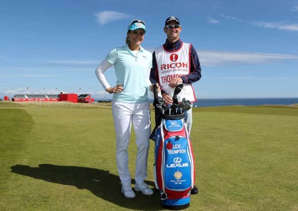 Lexi Thompson with her caddie Kevin McAlpine, the son of retired Dundee United goalkeeper Hamish McAlpine, during a practice round prior to the Ricoh Women's British Open at Kingsbarns.  Picture: David Cannon/Getty Images