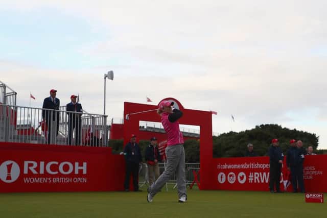 Sally Watson hits the opening shot in today's first round of the Ricoh Women's British Open at Kingsbarns. Picture: Getty Images