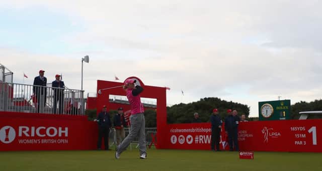 Sally Watson hits the opening shot in today's first round of the Ricoh Women's British Open at Kingsbarns. Picture: Getty Images