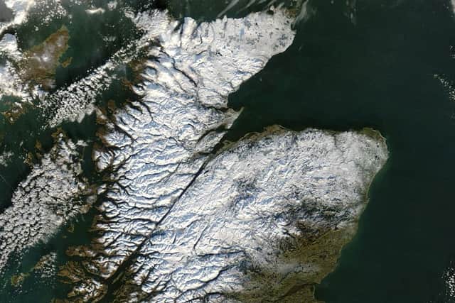 Satellite Map of Scotland showing winter snow