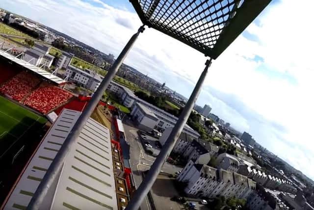 A screenshot from the video taken from the Pittodrie floodlights. Picture: YouTube/Ascendity